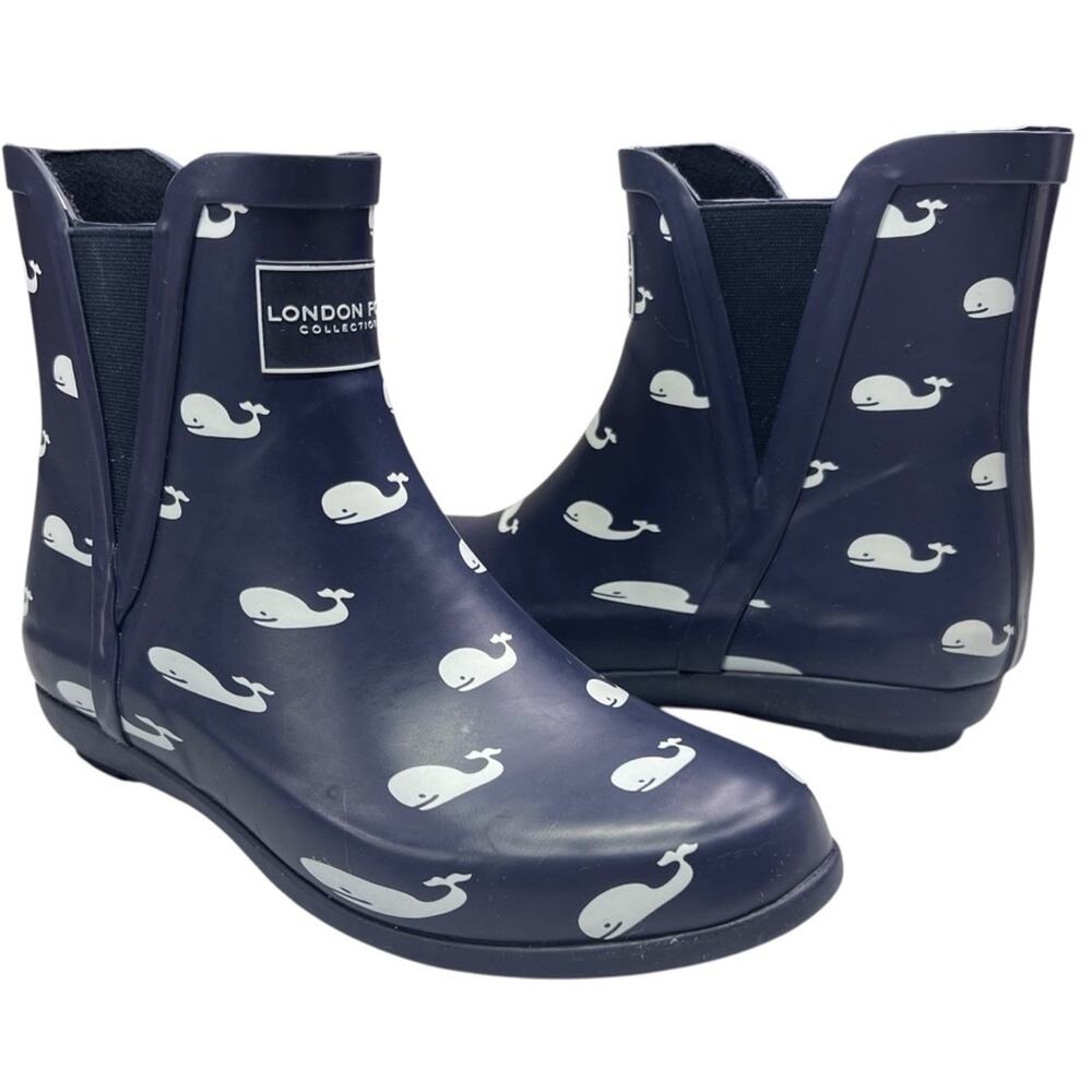 London Fog Waterproof Rain Boots 7 Chelsea Piccadilly Navy Blue Whale Nautical